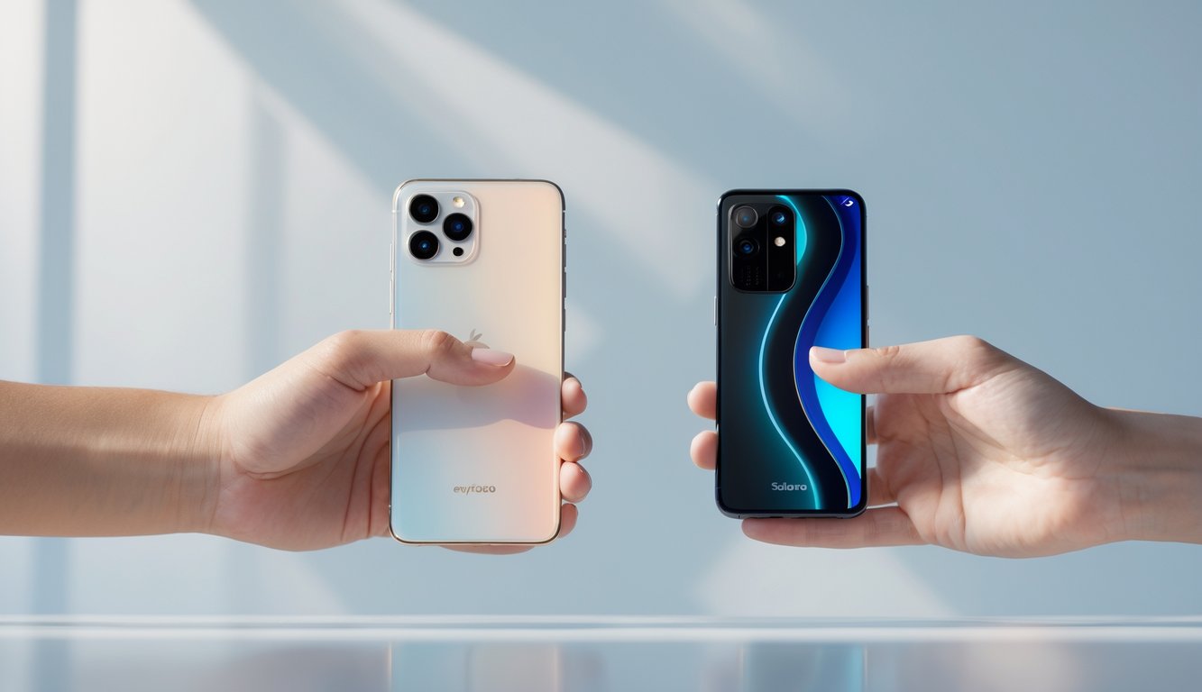 Dua tangan memegang dua ponsel berbeda berdampingan, satu ponsel flagship dengan desain premium dan satu ponsel mid-range yang lebih sederhana.