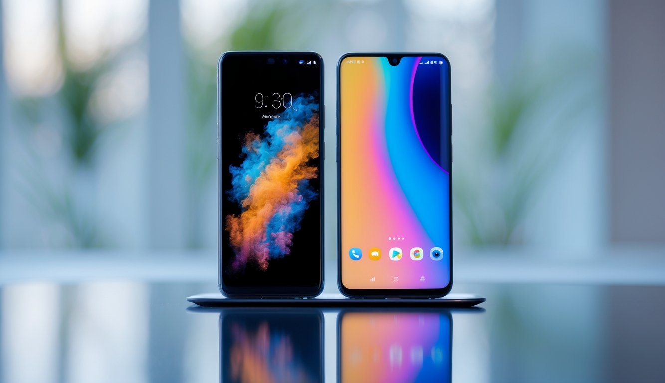 Dua smartphone modern diletakkan berdampingan, satu dengan desain premium dan layar cerah, satu dengan desain lebih sederhana, di atas permukaan reflektif.