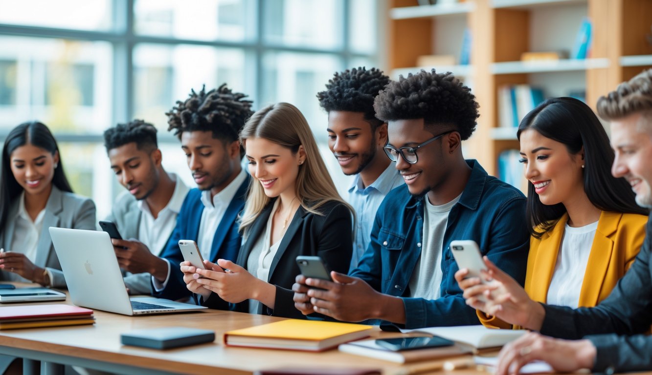 Sekelompok pelajar dan mahasiswa menggunakan ponsel di ruang belajar dengan buku dan laptop di sekitarnya.