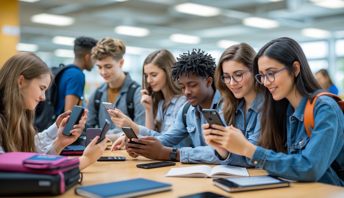 Sekelompok pelajar dan mahasiswa menggunakan ponsel di perpustakaan sambil belajar dan berdiskusi.