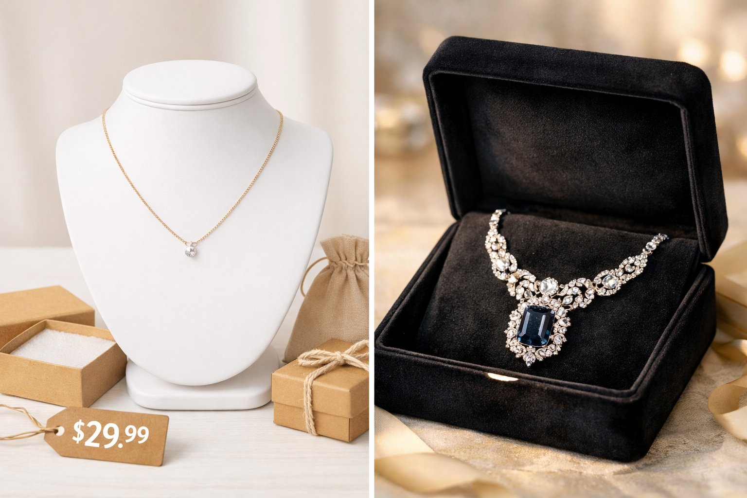 Two necklaces side by side: a simple necklace on a white stand and a luxurious necklace in a velvet box.