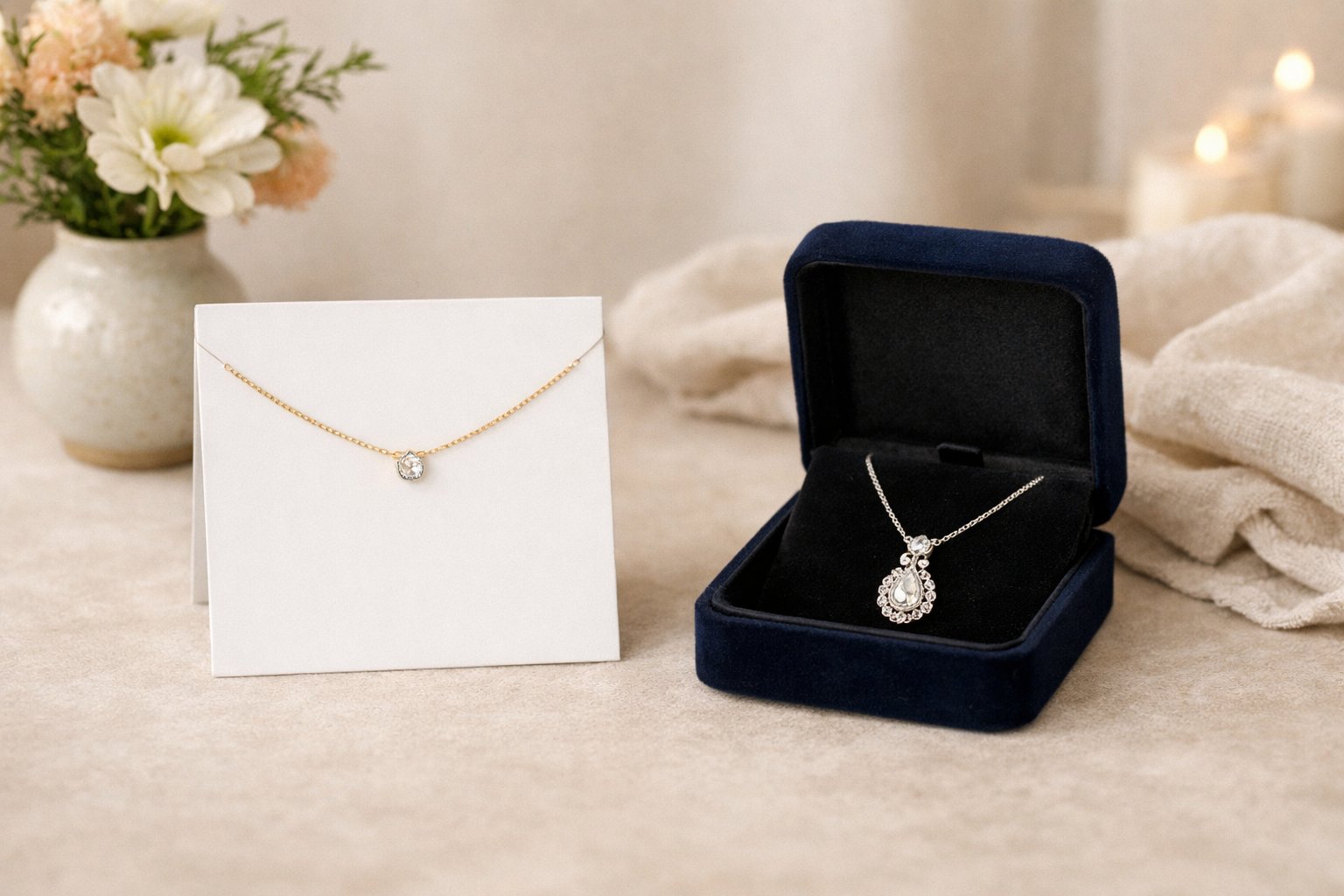 Two necklaces displayed side by side, one simple and affordable on a card, the other premium in an open velvet box, arranged on a soft surface with flowers nearby.