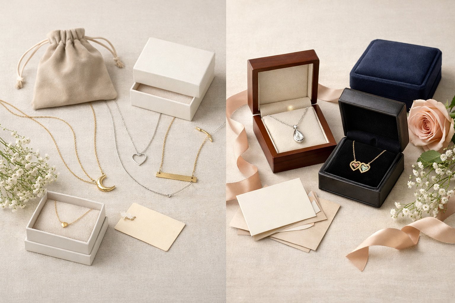 A display of affordable and premium necklaces arranged side by side with elegant packaging and small gift accents on a neutral background.