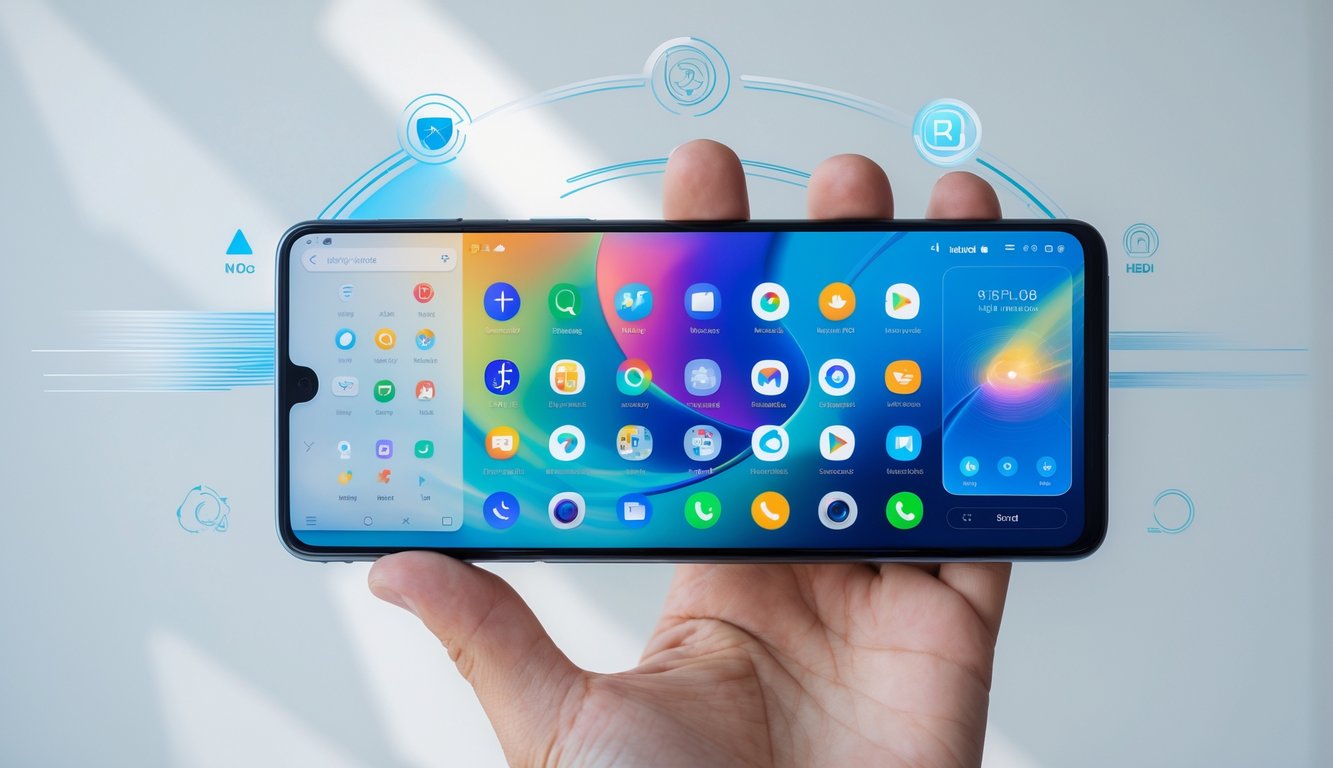 Seseorang memegang ponsel Android modern dengan layar menampilkan antarmuka yang dinamis dan ikon aplikasi.