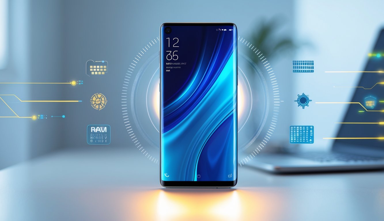 Sebuah ponsel Android modern dengan layar menyala di atas meja bersih, dikelilingi oleh elemen visual yang melambangkan kecepatan dan kapasitas memori besar.