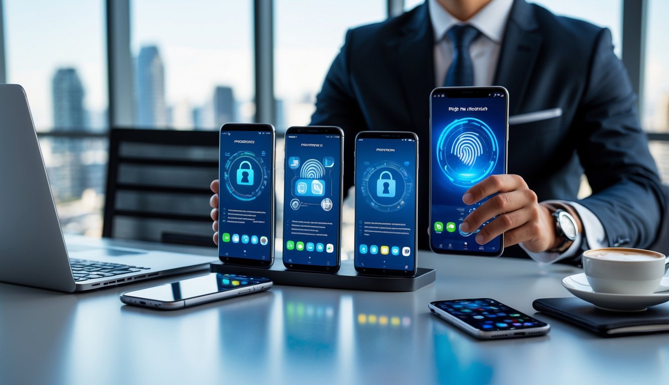 Seorang pebisnis menggunakan ponsel pintar di meja kerja dengan beberapa ponsel lain dan laptop di sekitarnya di kantor yang terang.