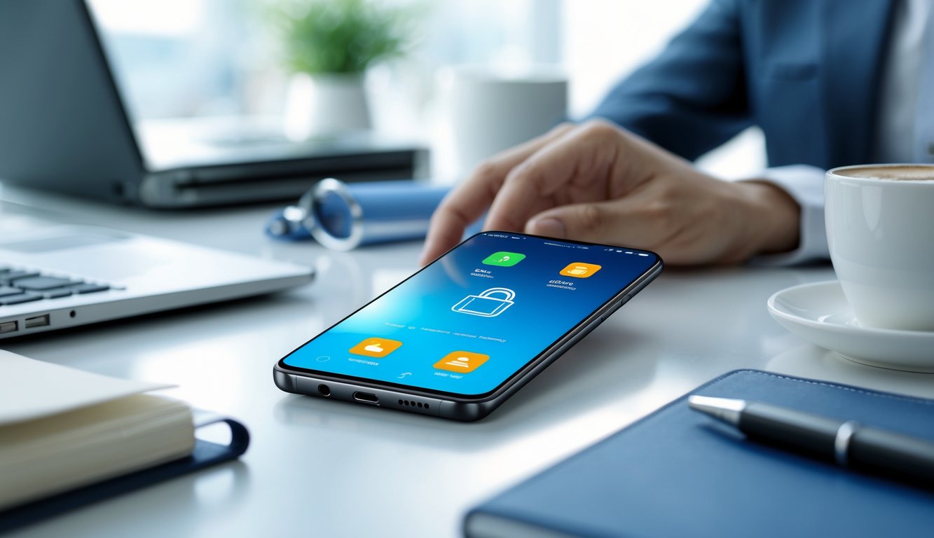 Ponsel pintar terbaru di atas meja kantor dengan laptop dan alat tulis di sekitarnya, menunjukkan suasana kerja bisnis yang produktif dan aman.