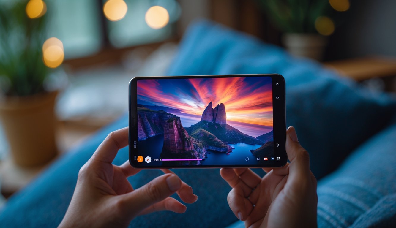 Seseorang memegang ponsel dengan layar AMOLED yang menampilkan video berwarna cerah dalam ruangan yang nyaman.
