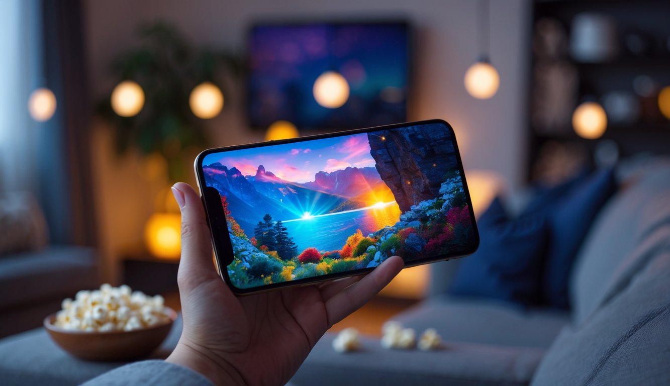 Seseorang memegang ponsel dengan layar AMOLED yang menampilkan adegan film berwarna cerah di dalam ruangan yang nyaman.
