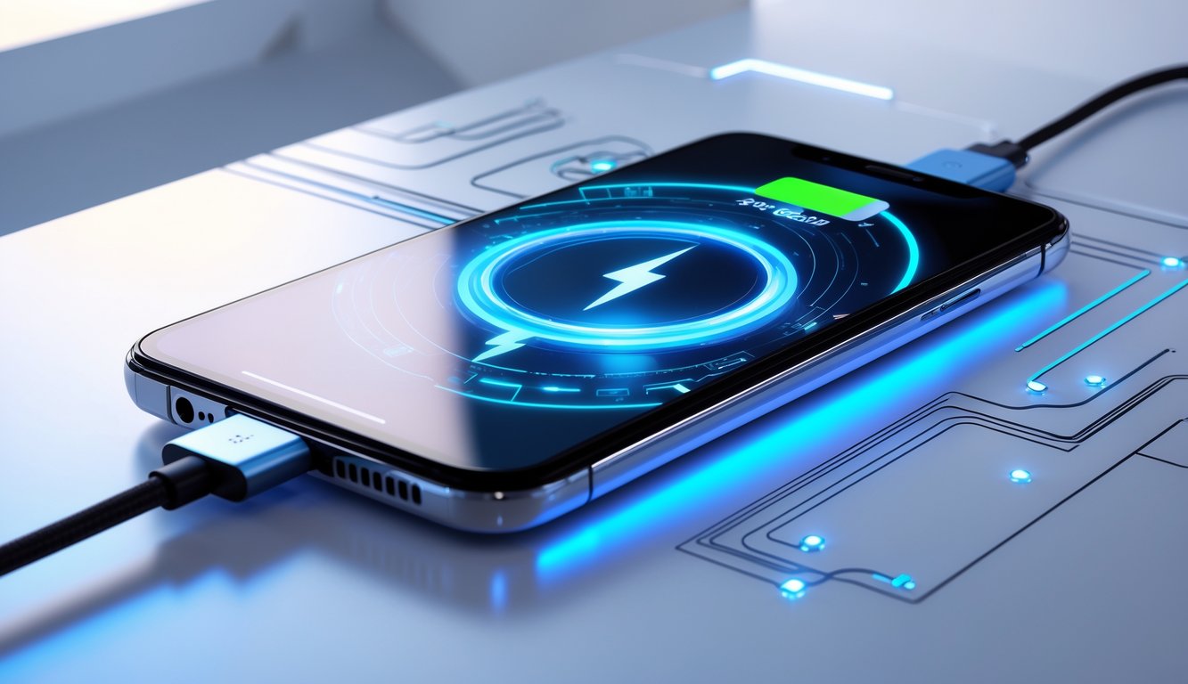 Sebuah ponsel modern sedang diisi daya dengan kabel yang menyala biru, menunjukkan teknologi pengisian cepat terbaru tahun 2026.