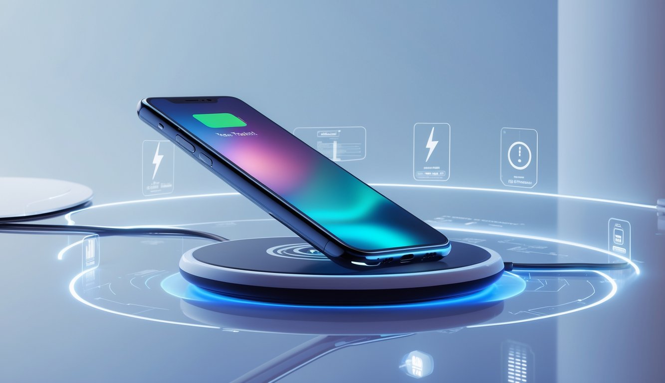 Smartphone terbaru sedang dicas cepat dengan lampu indikator biru pada alas pengisian nirkabel.