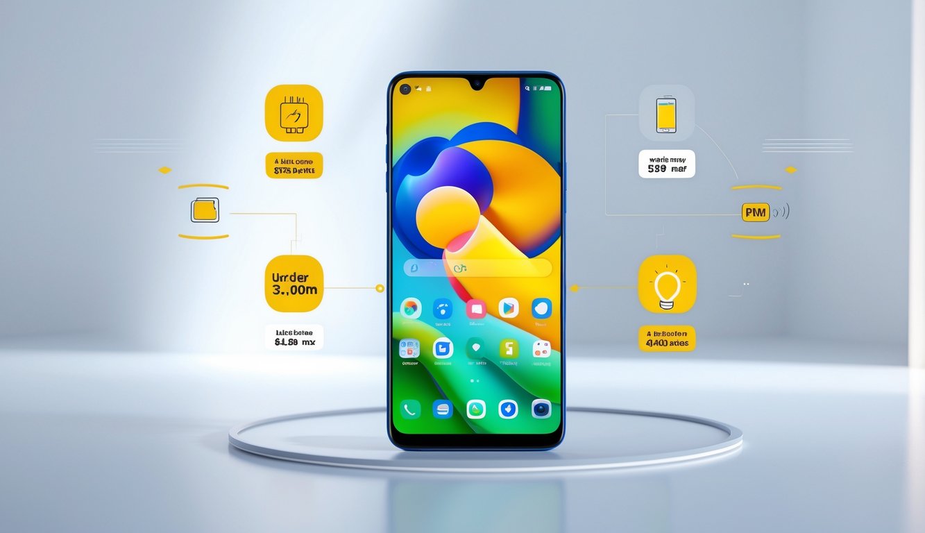 Smartphone modern dengan layar menyala di atas permukaan putih, dikelilingi oleh simbol teknologi dan harga terjangkau.