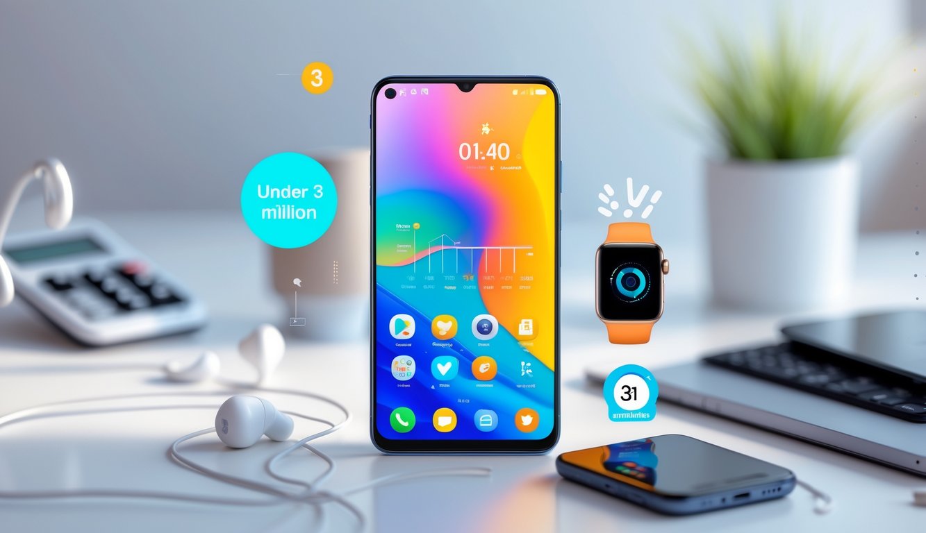 Smartphone modern dengan layar menampilkan ikon aplikasi dan grafik performa, diletakkan di atas meja putih dengan beberapa gadget kecil di sekitarnya.