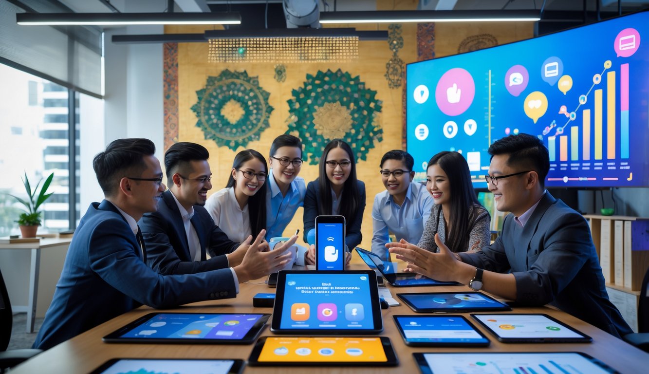 Sekelompok profesional Indonesia sedang berdiskusi dan bekerja bersama di kantor modern dengan perangkat teknologi dan grafik pemasaran di layar besar.