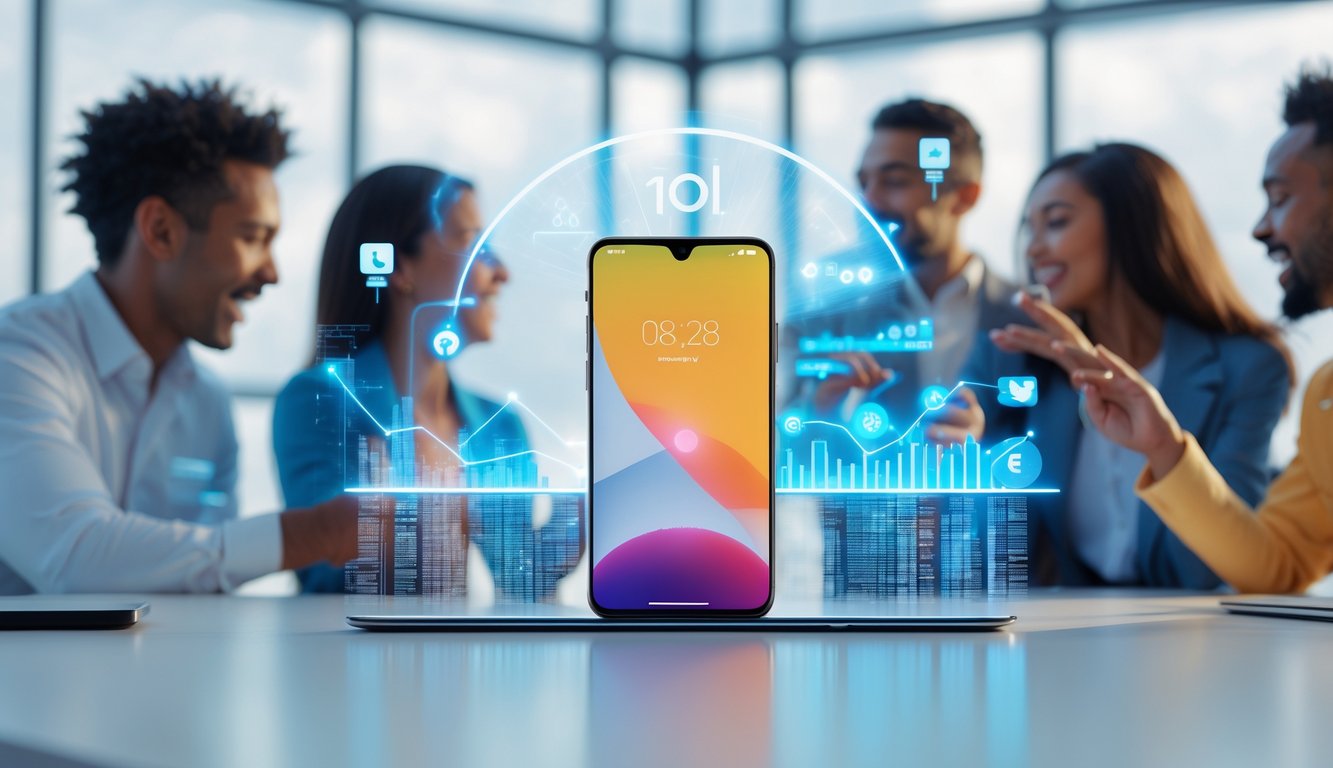 Sebuah smartphone modern di atas meja dengan grafik dan orang-orang yang berinteraksi di sekitarnya, menggambarkan kesuksesan teknologi di pasar.