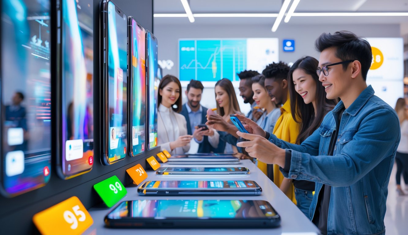 Orang-orang di toko teknologi modern sedang melihat dan mencoba smartphone terbaru yang populer di pasar tahun 2026.