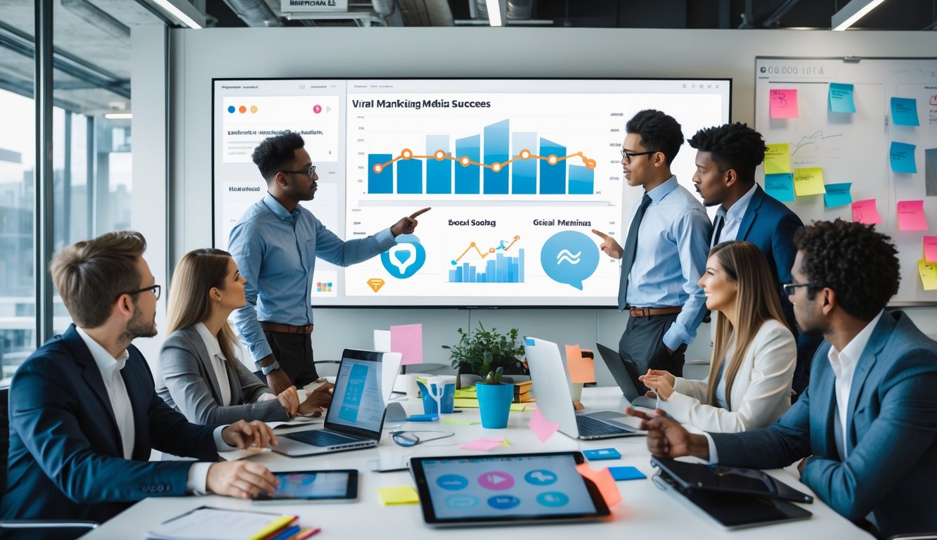 Sekelompok profesional muda sedang berdiskusi dan bekerja bersama di kantor modern dengan layar digital dan alat teknologi.