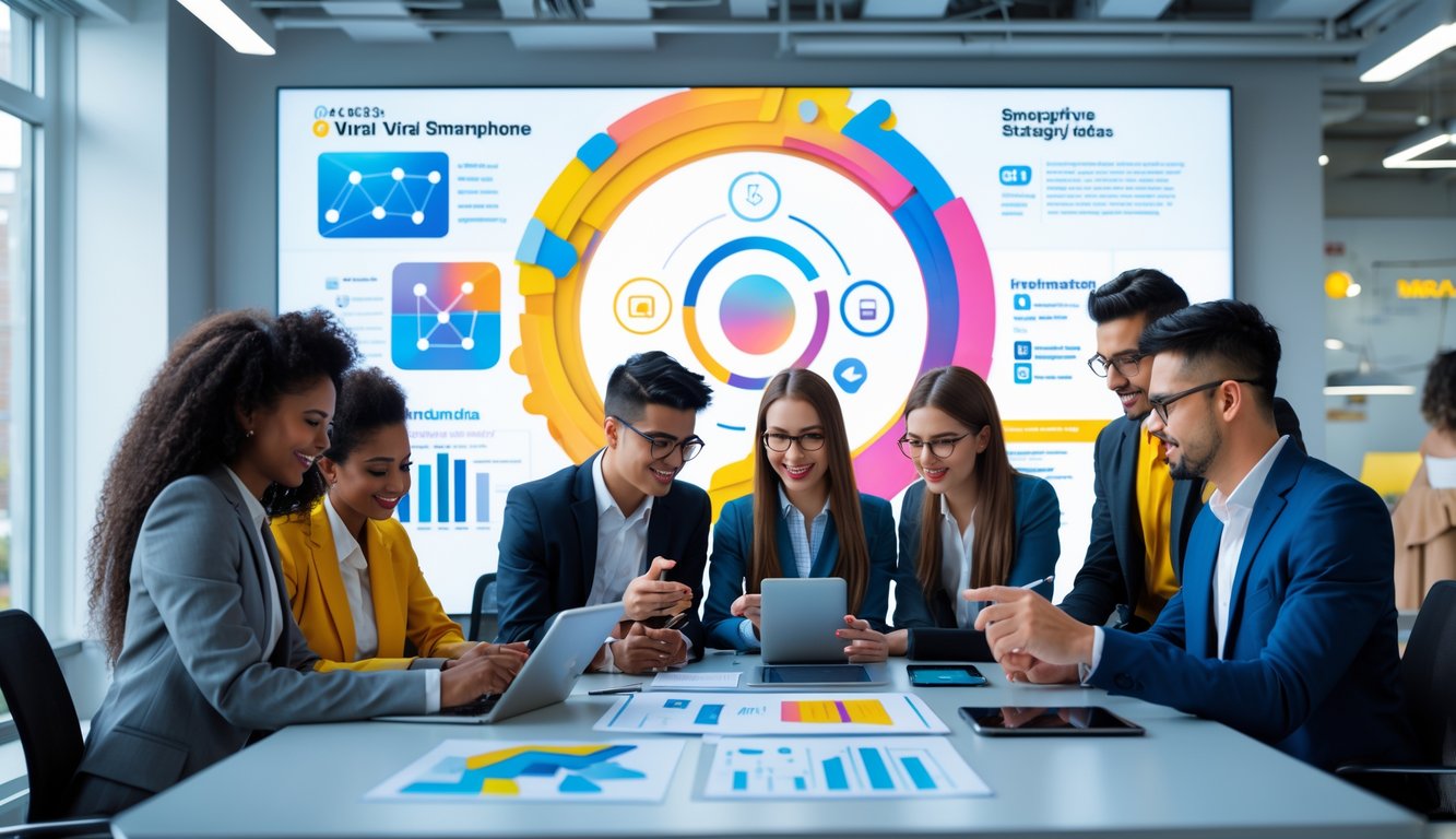 Sekelompok profesional muda sedang berdiskusi dan bekerja bersama di kantor modern dengan perangkat digital dan grafik di meja, menggambarkan strategi branding dan inovasi di industri smartphone.