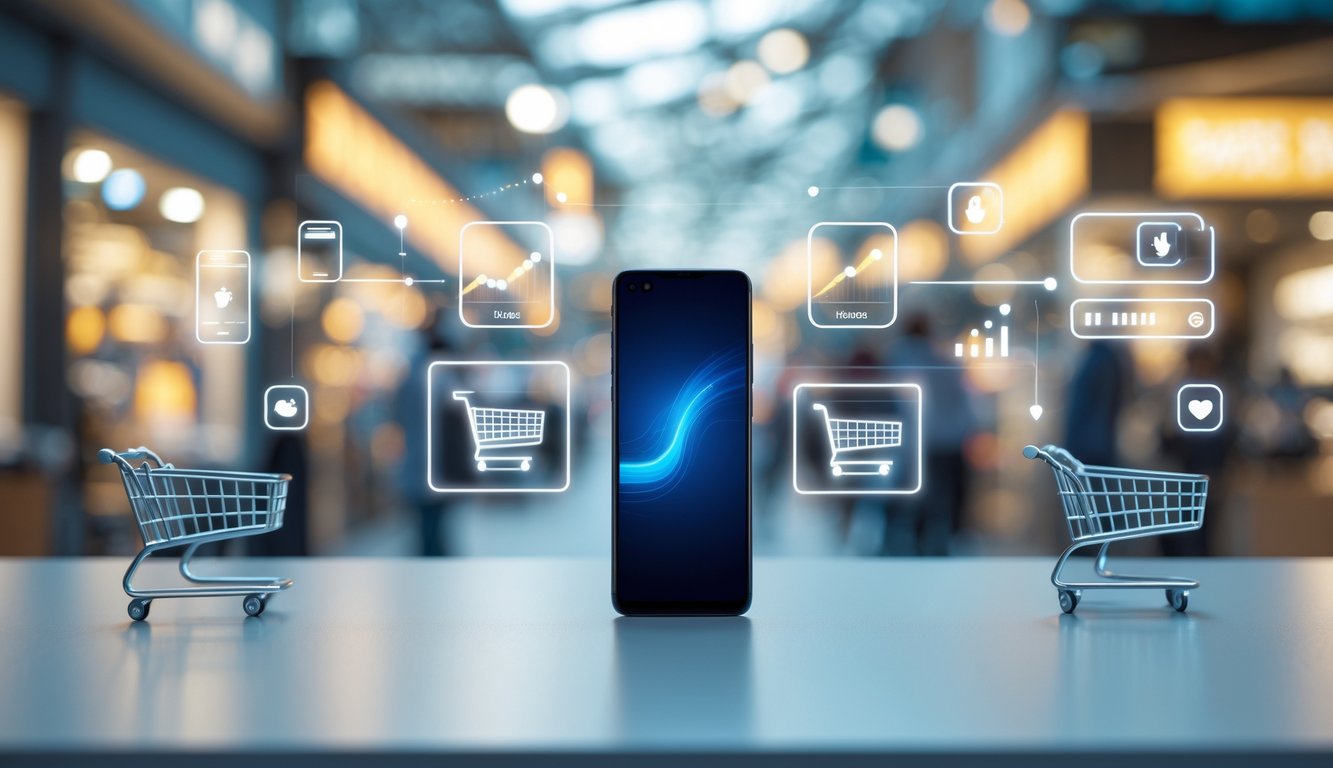 Sebuah smartphone modern di atas meja dengan latar belakang pasar atau suasana belanja online yang ramai.
