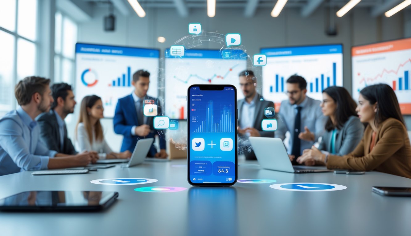 Suasana kantor modern dengan beberapa profesional muda berdiskusi di depan layar besar, sebuah ponsel cerdas terlihat di meja dengan ikon media sosial dan grafik mengambang di sekitarnya.