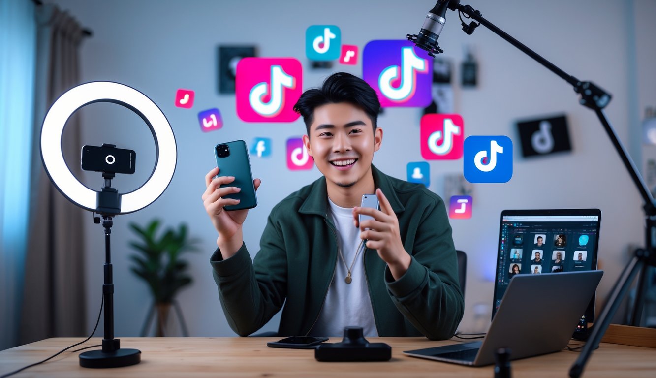 Seorang influencer muda sedang mereview ponsel pintar di studio rumah dengan peralatan pembuatan konten dan ikon media sosial di latar belakang.