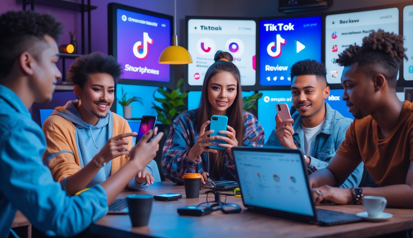 Sekelompok influencer muda sedang menggunakan dan merekam video dengan ponsel di studio modern yang dipenuhi layar menampilkan aplikasi media sosial.