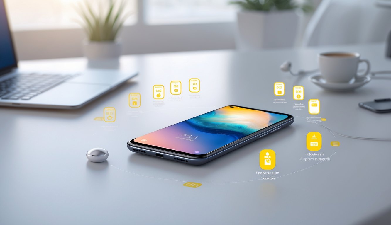 Sebuah ponsel modern diletakkan di atas meja dengan latar belakang peralatan teknologi seperti laptop dan earbud, menampilkan suasana yang menunjukkan kualitas tinggi dan harga terjangkau.