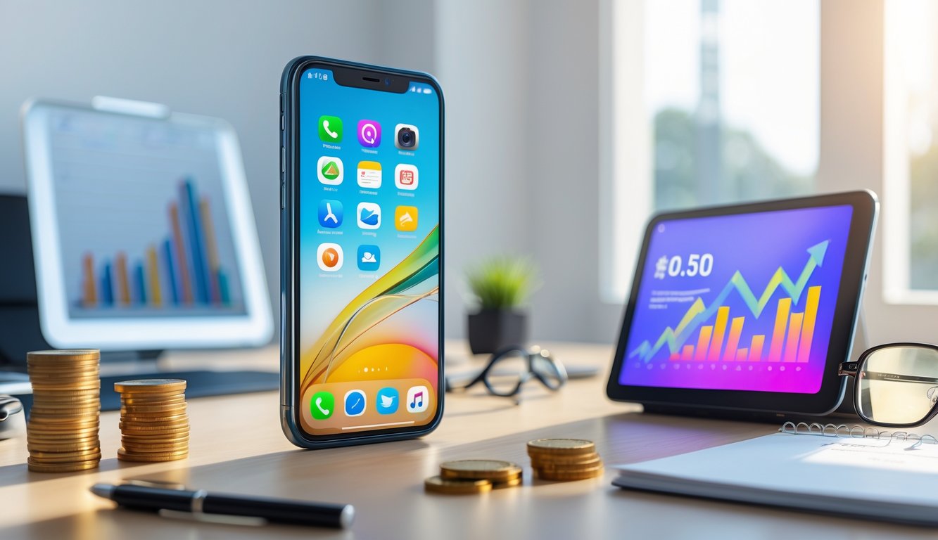 Sebuah smartphone modern diletakkan di atas meja kayu dengan latar kantor minimalis, dikelilingi oleh tumpukan koin, grafik naik pada layar tablet, dan alat tulis.