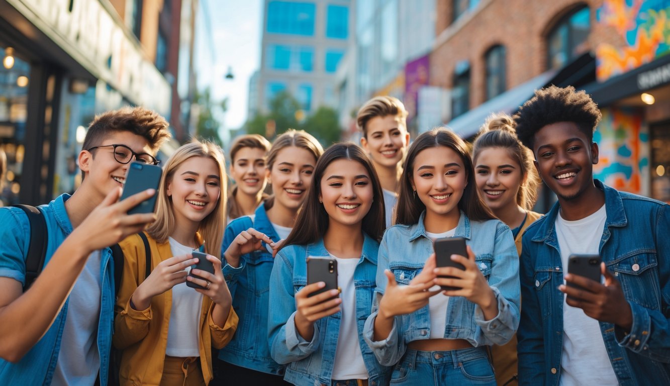 Sekelompok anak muda di kota modern menggunakan ponsel mereka dengan antusias di luar ruangan.