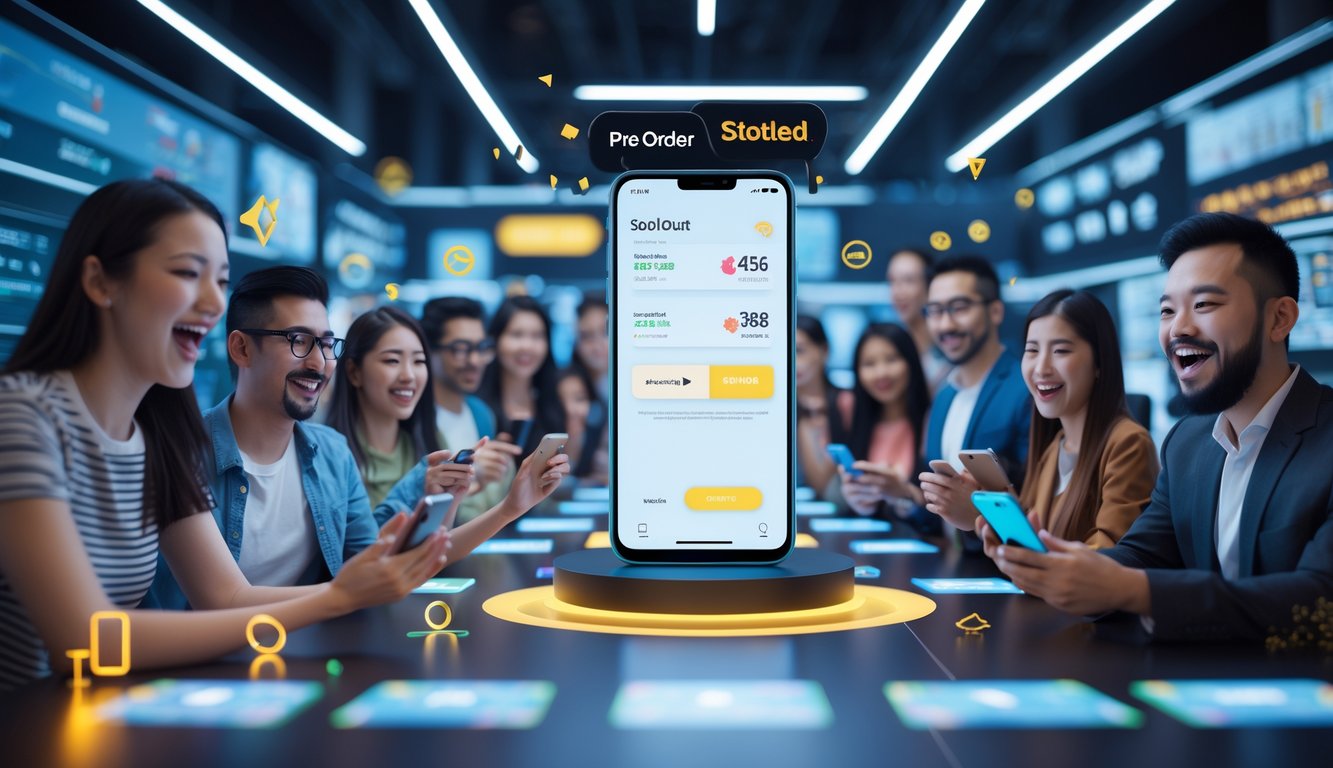 Seorang pelanggan menggunakan ponsel di depan layar yang menunjukkan peningkatan pesanan dan grafik penjualan cepat untuk produk ponsel.