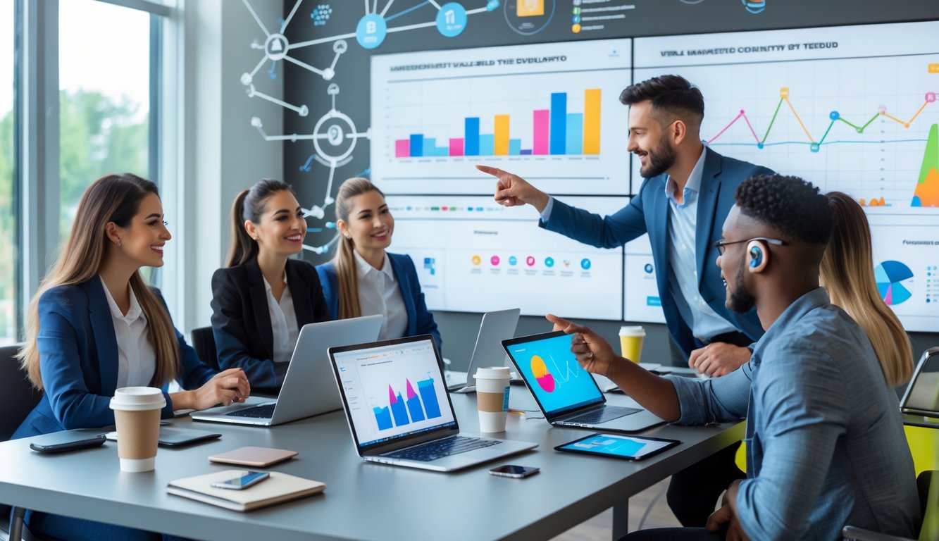 Tim profesional yang sedang berdiskusi dan bekerja dengan perangkat digital di ruang kantor modern untuk merancang strategi pemasaran smartphone.