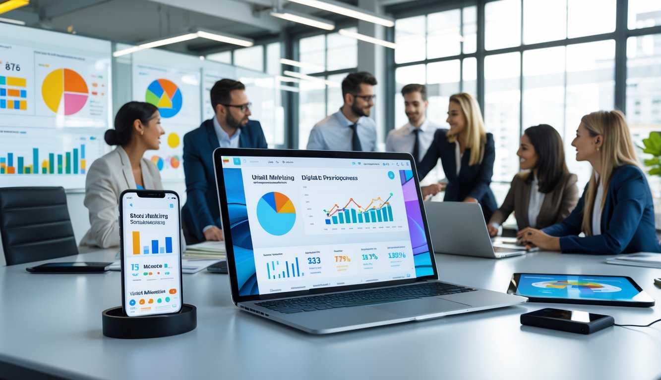 Sejumlah profesional pemasaran sedang berdiskusi di kantor modern dengan perangkat digital dan grafik strategi pemasaran di layar.