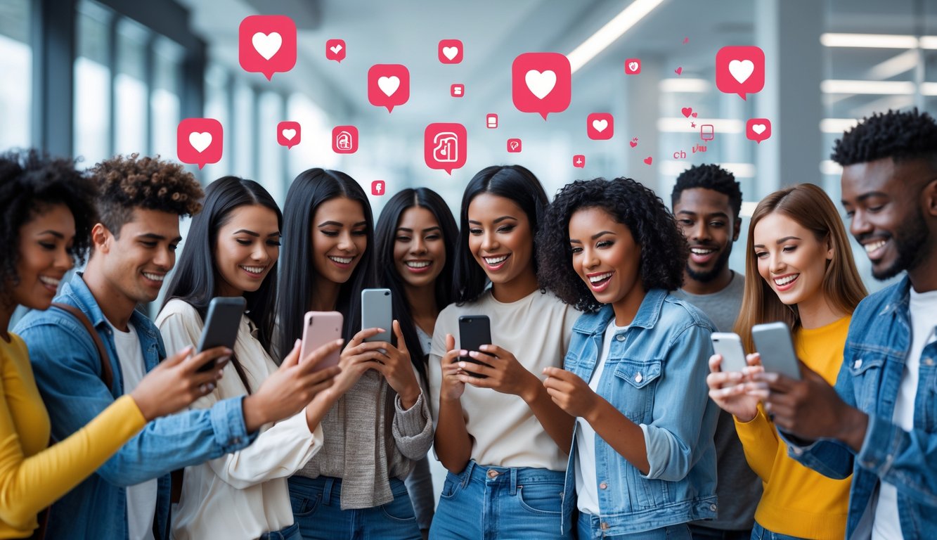 Sekelompok orang muda sedang menggunakan ponsel pintar dan berinteraksi dengan media sosial di lingkungan yang modern dan cerah.