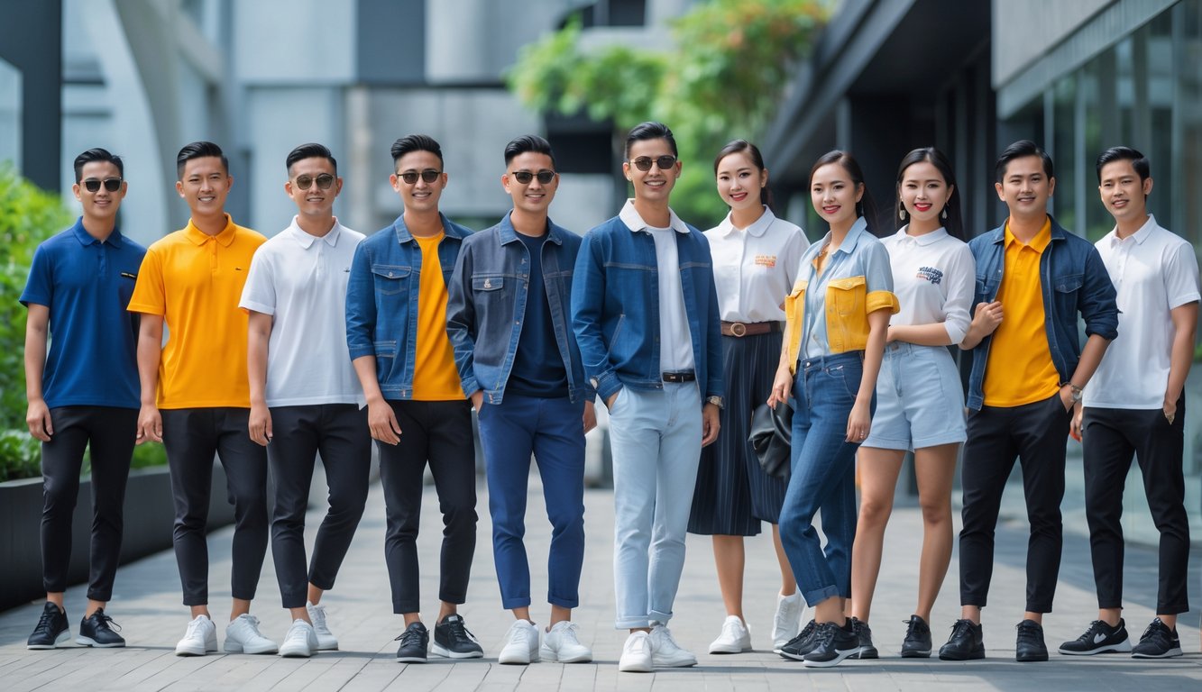 Sekelompok pria dan wanita Indonesia mengenakan pakaian modis sedang berpose di lingkungan perkotaan yang modern.