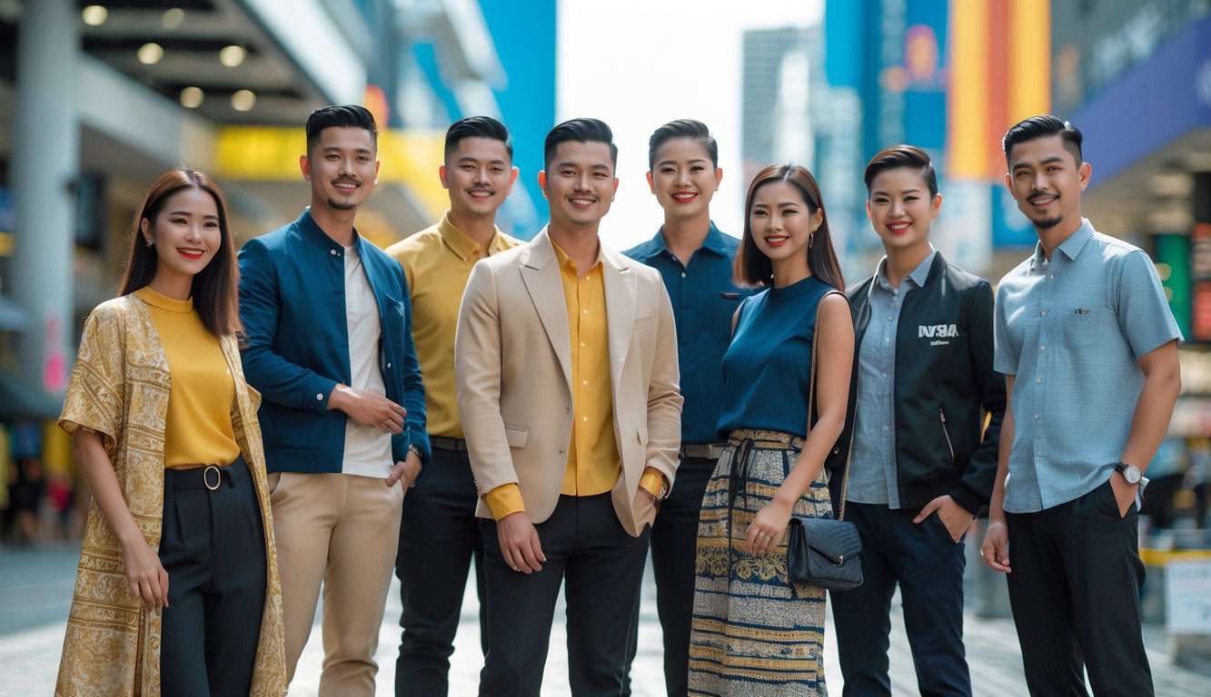 Sekelompok pria dan wanita Indonesia mengenakan pakaian modis dari berbagai merek lokal, berpose di lingkungan perkotaan yang modern.