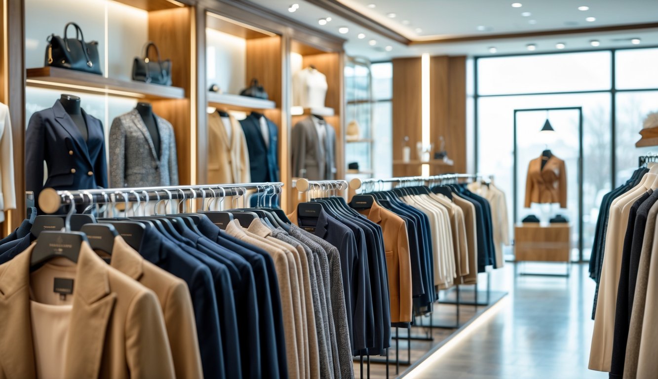 Interior toko pakaian dengan pakaian berkualitas premium yang tertata rapi dan beberapa manekin memakai busana modis.