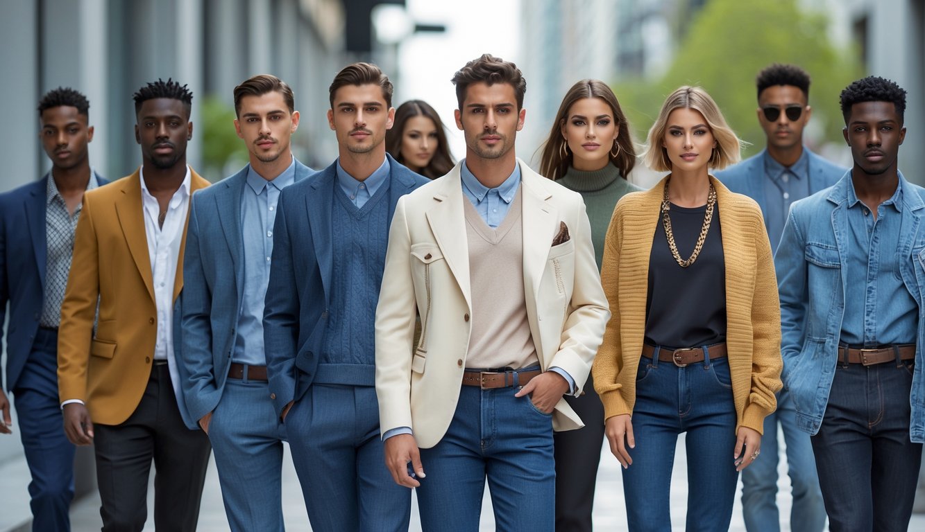 Sekelompok pria dan wanita mengenakan pakaian kasual dan formal berdiri di lingkungan kota modern.