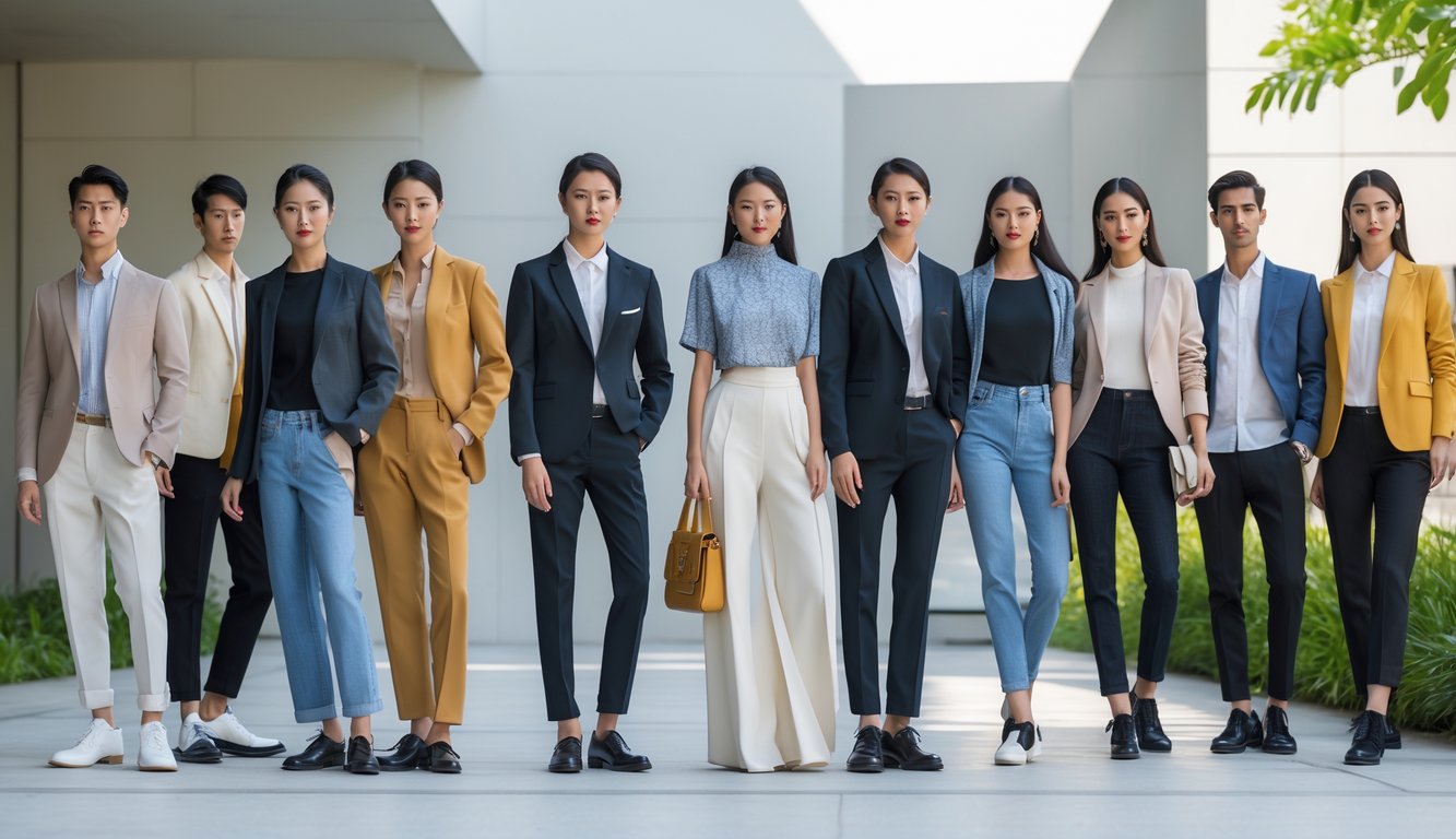 Sekelompok pria dan wanita berpakaian kasual dan formal berdiri di lingkungan perkotaan modern.