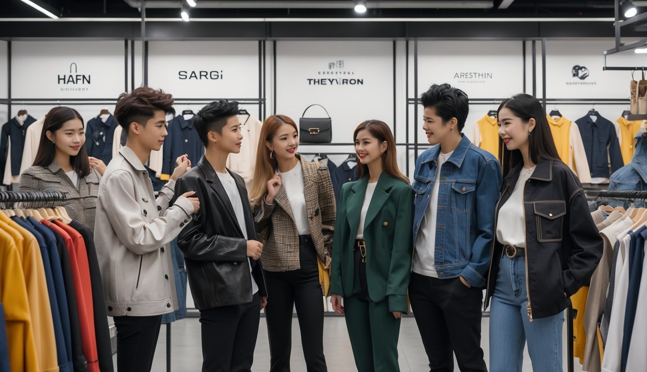 Sekelompok orang muda bergaya sedang melihat dan mengenakan pakaian dari merek lokal dan internasional di sebuah butik modern.