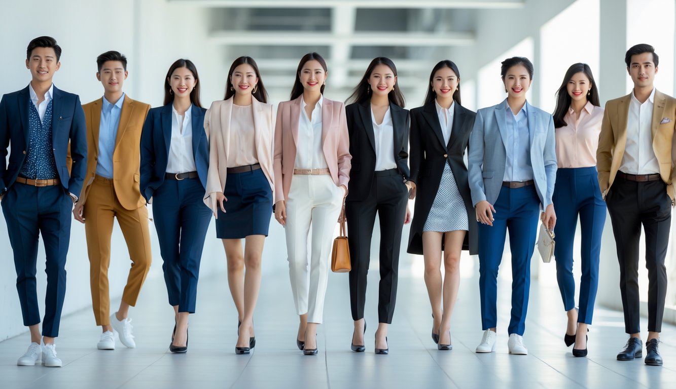 Sekelompok pria dan wanita berpakaian modis berpose di lingkungan perkotaan yang cerah dan modern.