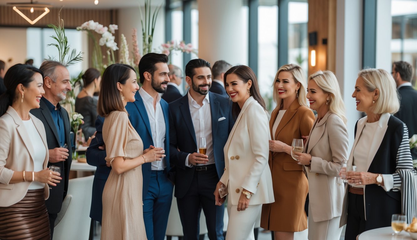 Sekelompok orang berpakaian rapi dan modis sedang berbicara di sebuah acara dalam ruangan yang elegan.