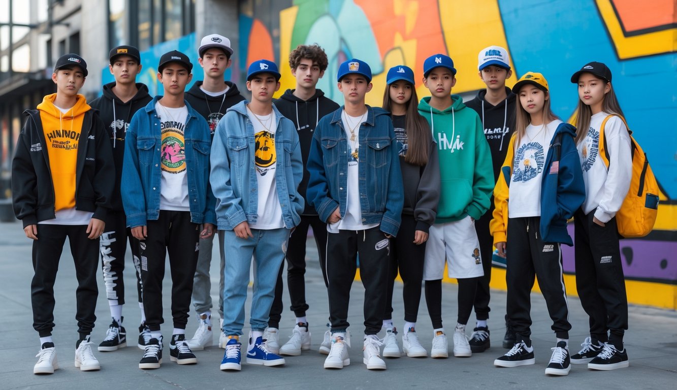 Sekelompok remaja trendi sedang berpose di lingkungan perkotaan dengan pakaian kasual yang modis.