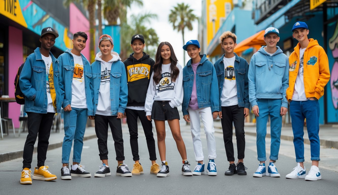 Sekelompok remaja sedang berdiri dan berinteraksi di lingkungan perkotaan mengenakan pakaian trendi dan kekinian.