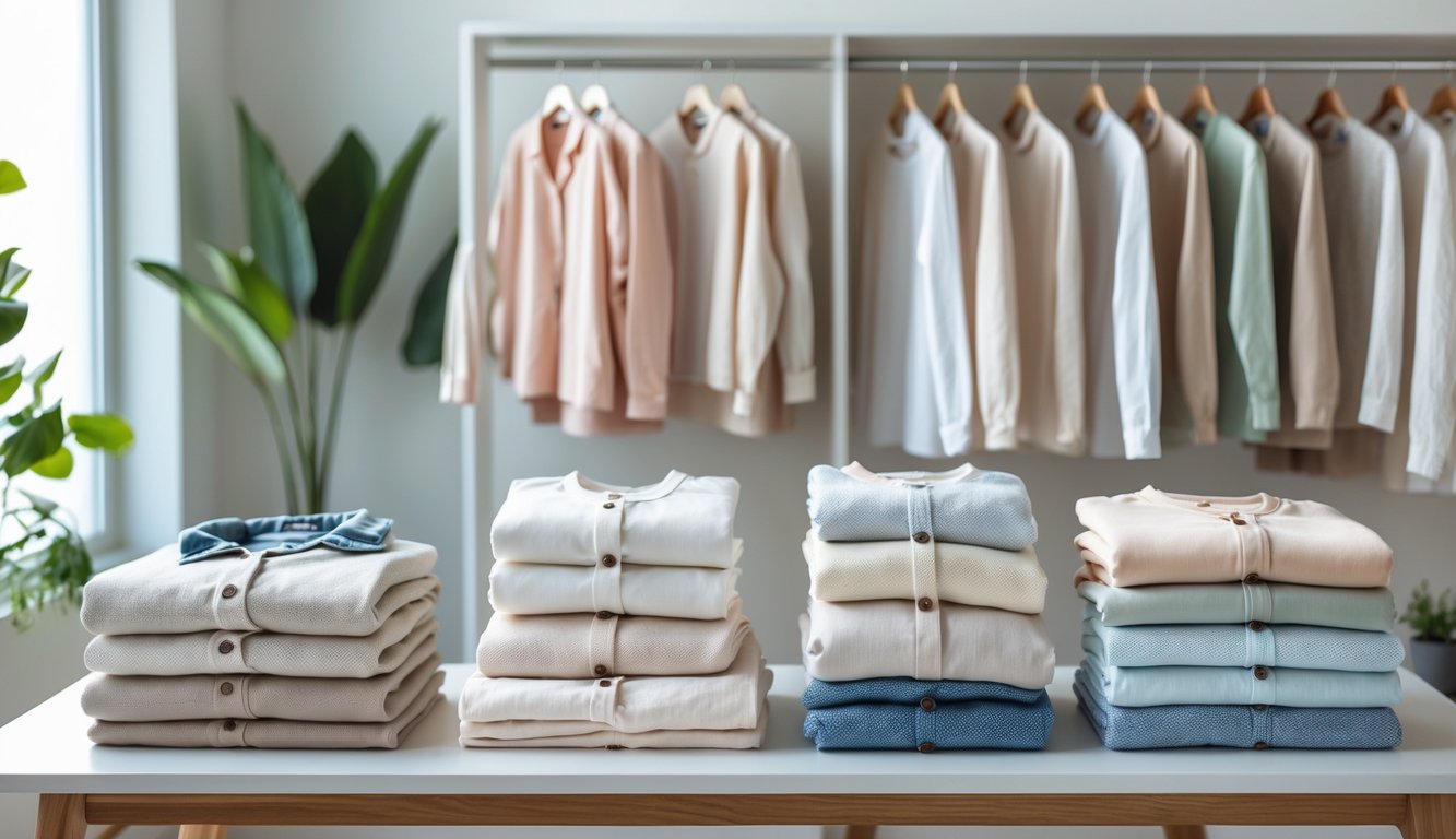 Beberapa pakaian berkualitas tinggi tersusun rapi di atas meja kayu dengan pencahayaan alami, menampilkan bahan yang nyaman dan tahan lama.