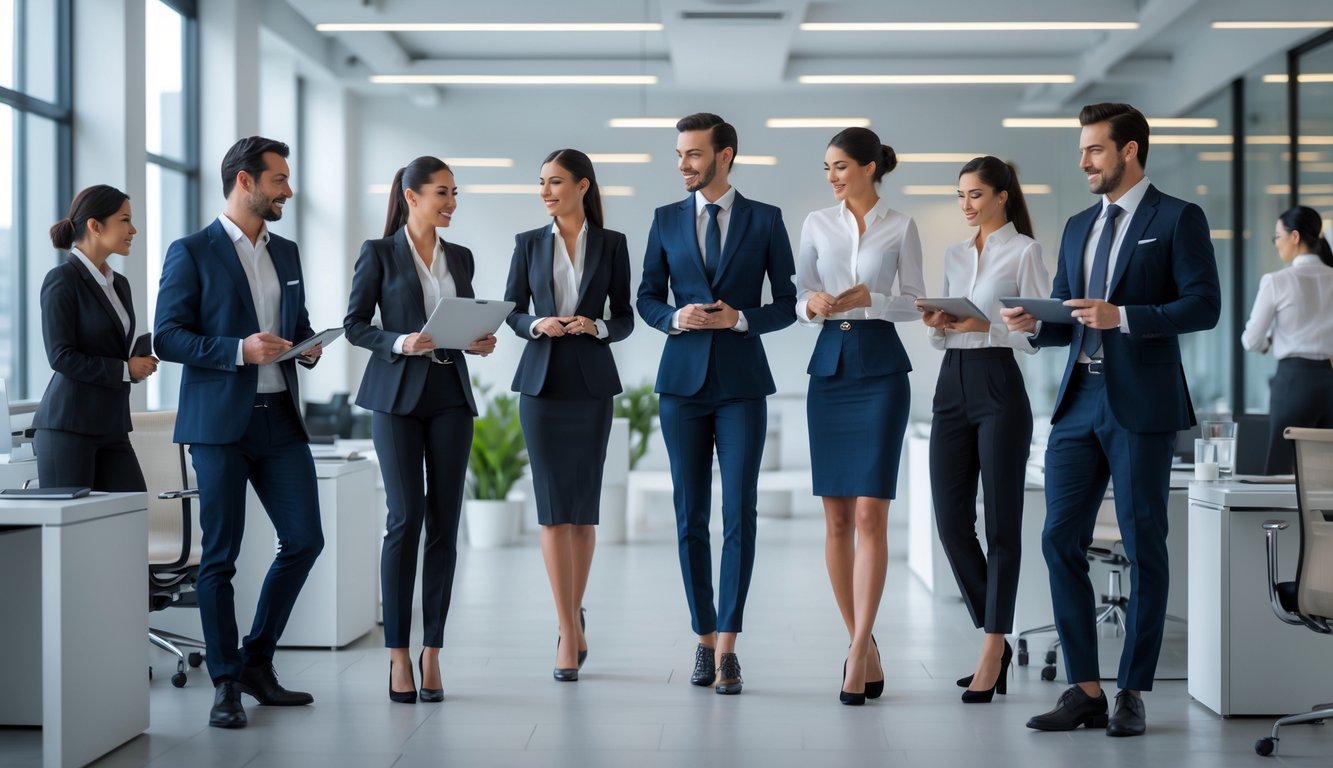 Sekelompok pekerja kantor mengenakan pakaian kerja yang rapi dan profesional di ruang kantor modern.
