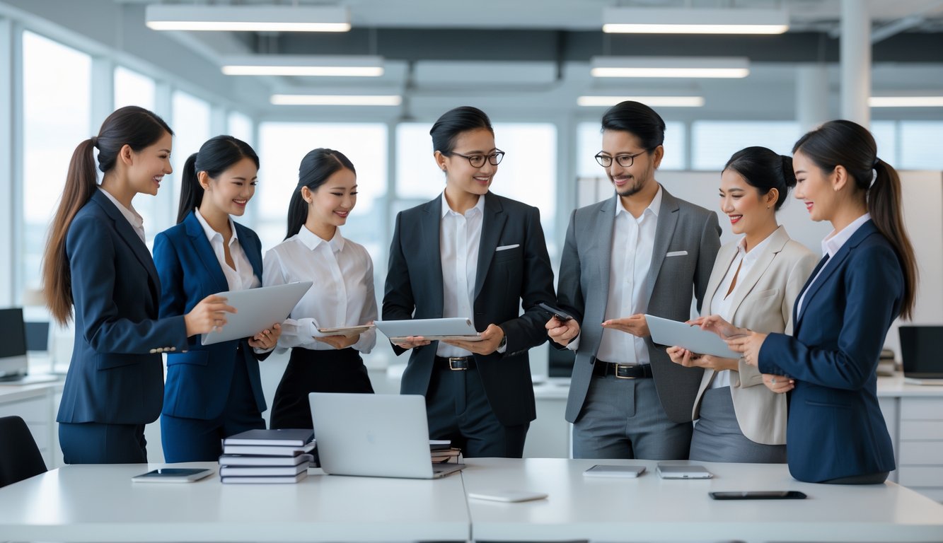 Sekelompok pekerja kantor mengenakan pakaian kerja profesional sedang berdiskusi dan bekerja di ruang kantor modern.