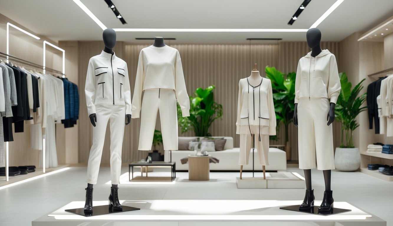 Interior toko pakaian modern dengan manekin yang mengenakan pakaian modis dan rak pakaian yang rapi.