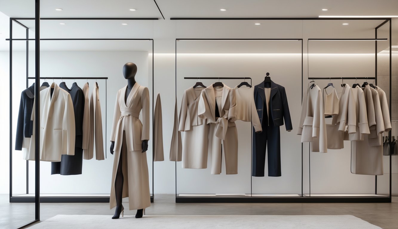 Interior butik pakaian modern dengan pakaian bergaya eksklusif yang dipajang rapi dan model mengenakan busana modis.