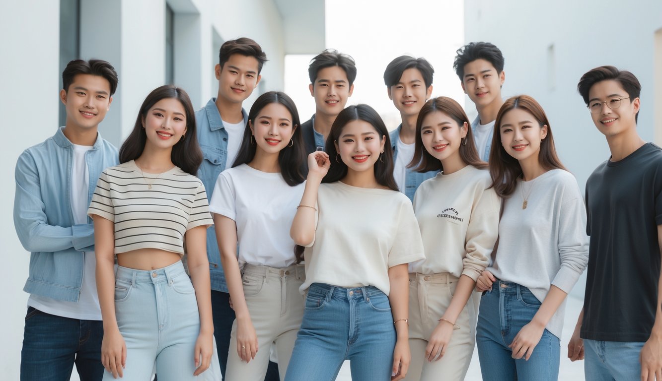 Sekelompok orang muda dengan pakaian kasual yang sederhana dan modis sedang berdiri di luar ruangan dengan latar belakang bangunan modern.