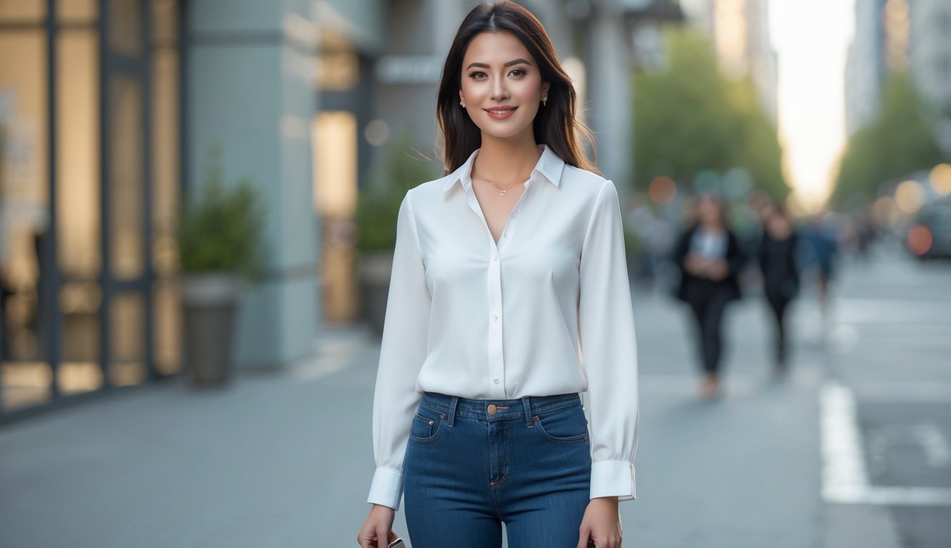 Seorang wanita muda berdiri di jalan kota mengenakan pakaian harian yang simpel dan modis dengan latar belakang jalan perkotaan.